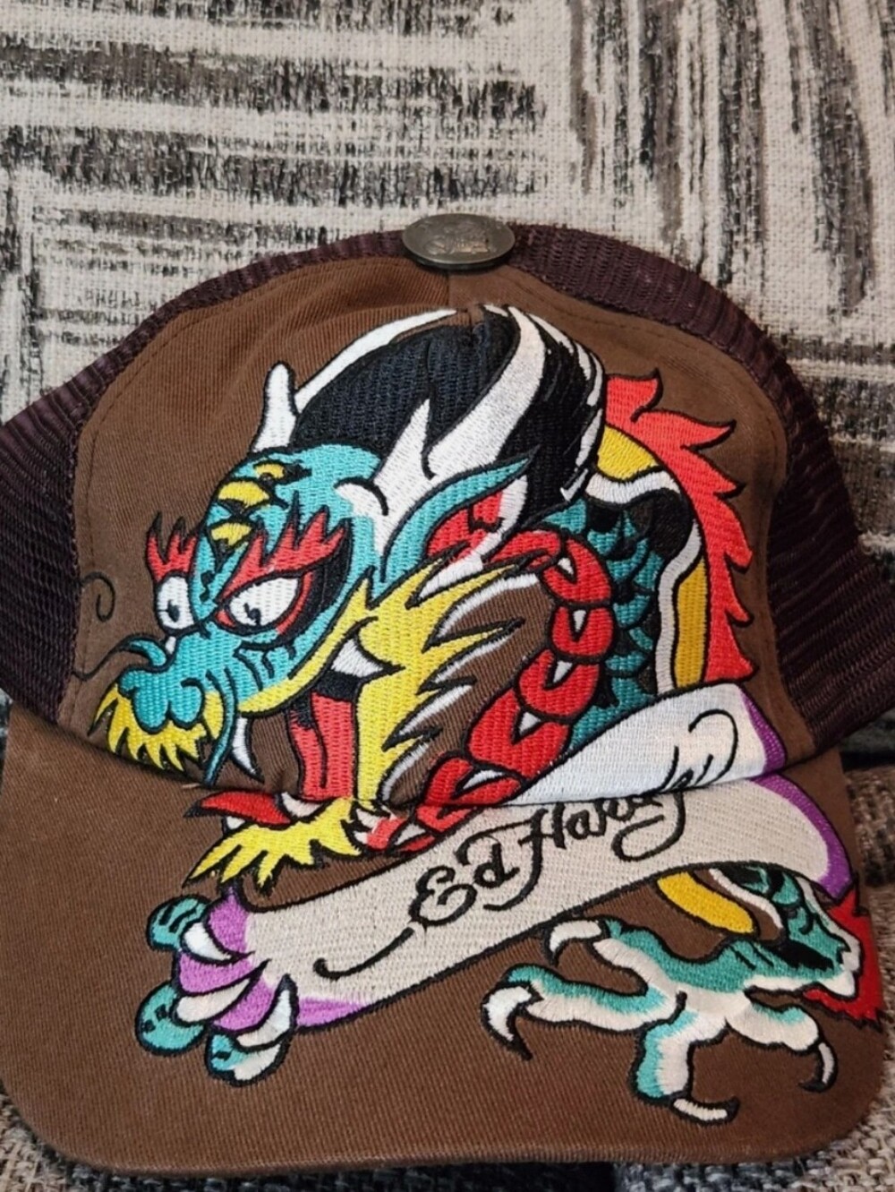 Ed Hardy Brown Hat with Multicolor Dragon Embroidery New With Tags